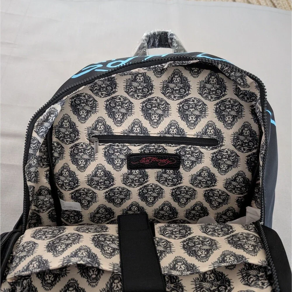 Ed Hardy True Til Death Tattoo Print Rhinestone Faux Leather Backpack NEW!